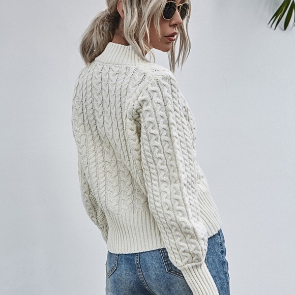 cream high neck chunky knit cable button cardigan - Picture 5 of 7